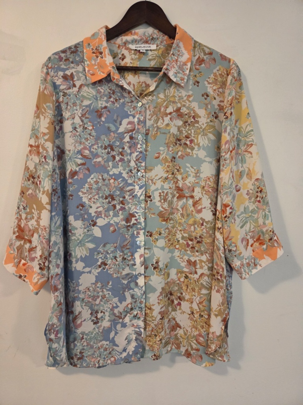 Rose & Olive button down shirt 3/4 sleeves patchwork florals cottage core XL